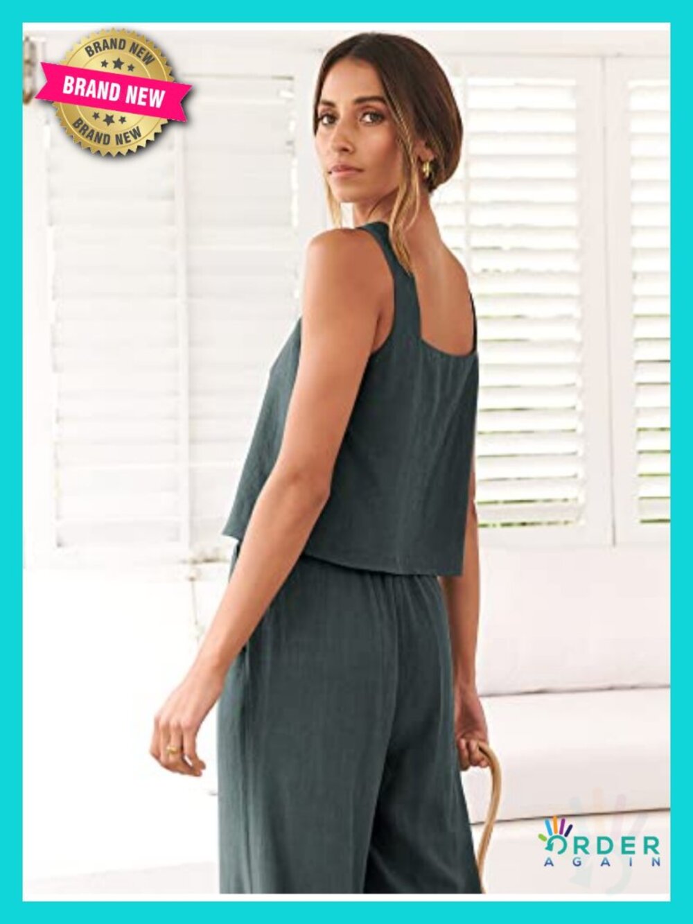 2 Piece Linen Set Crop Tank Wide Leg Pants Lounge Wear - Picture 5 of 6